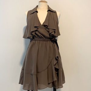 DOUBLE ZERO Taupe-Brown wrap dress with faux suede tie & Ruffled bottom Size S